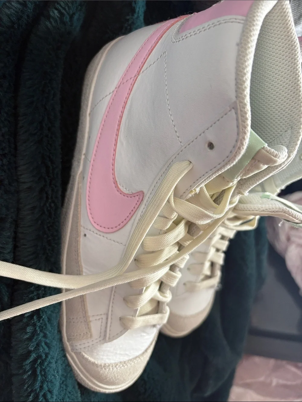 Nike White High-Top Sneakers with Pastel Pink and Mint Accents